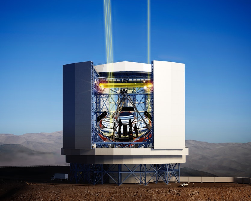 Rendering of the giant magellan telescope showing the design of the telescope, enclosure and summit in 2015. Produced by mason media inc.
