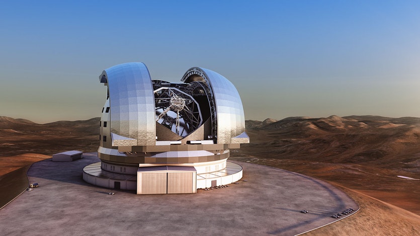 Artist's impression of the european extremely large telescope (e-elt) in its enclosure on cerro armazones, in chile's atacama desert. The design for the e-elt shown here is preliminary.