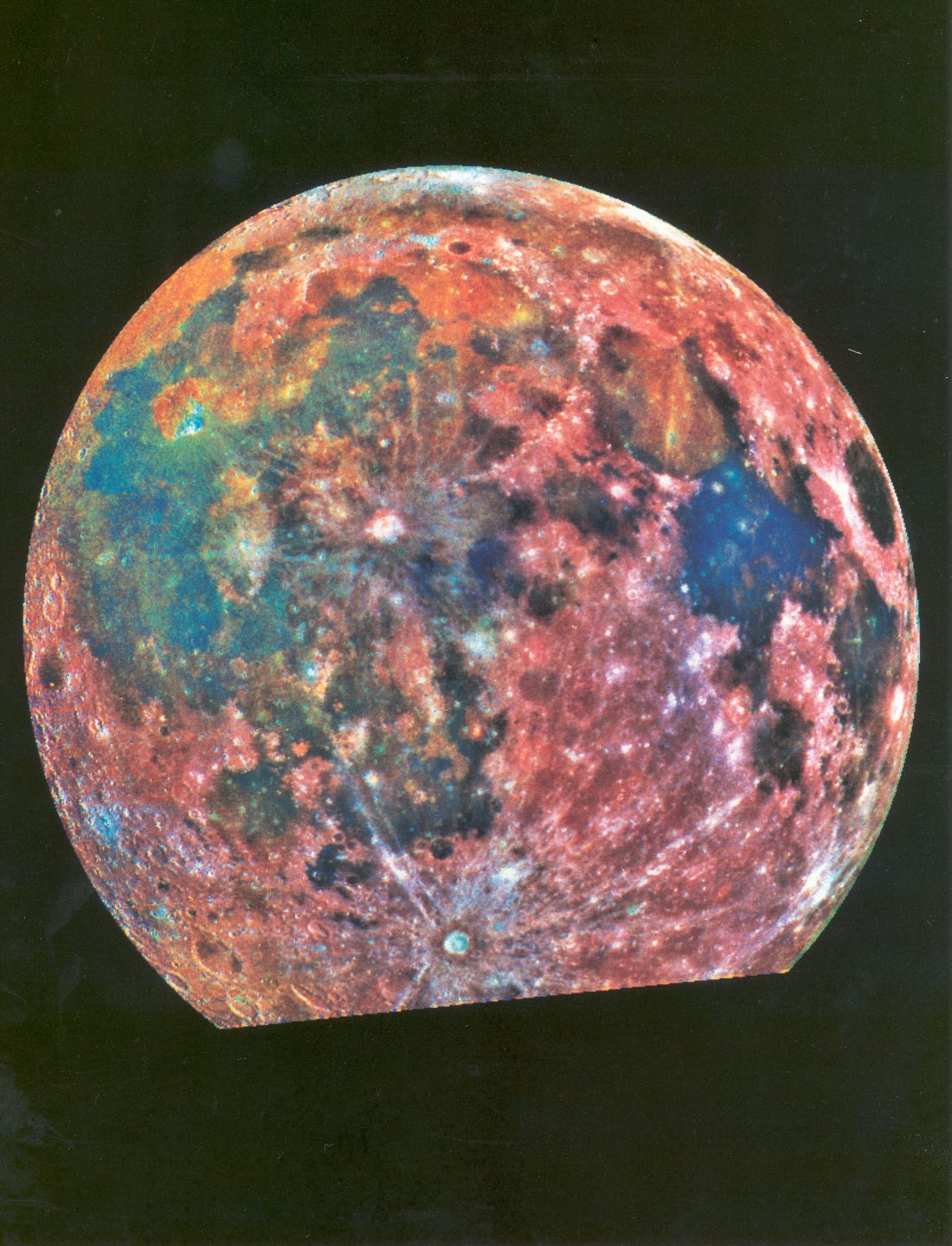 A combined false-colour image of the moon.