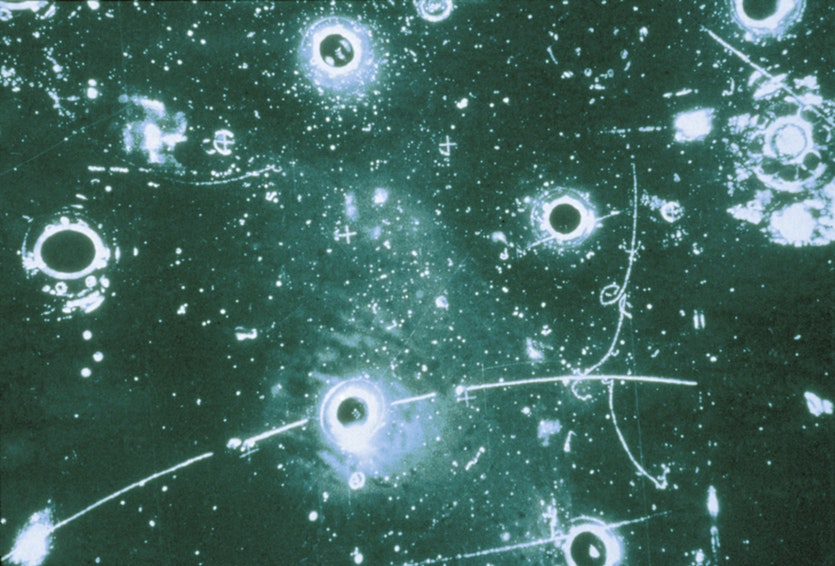This bubble chamber image, taken at cern in the 1990s, shows a neutrino interacting with an electron.
