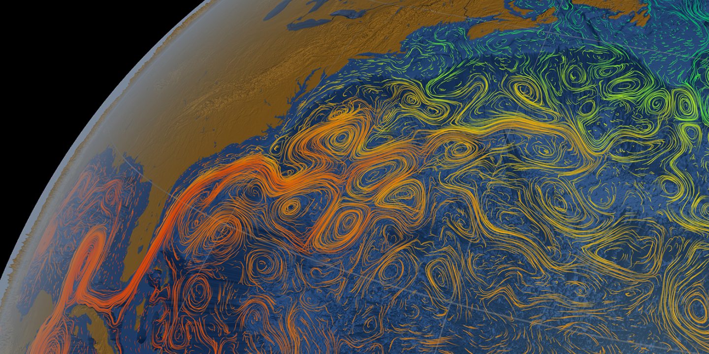 The Gulf Stream flowing from the Gulf of Mexico to the North Atlantic.