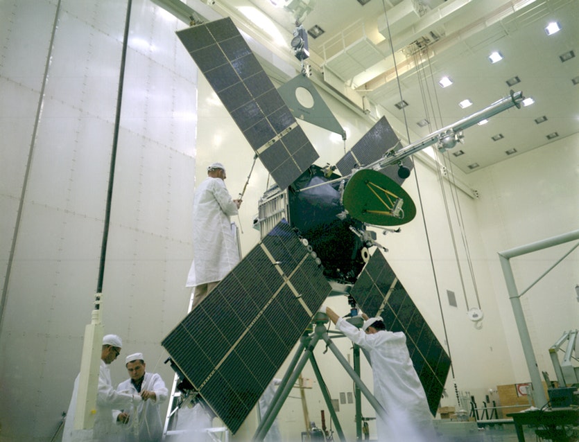 Technicians working on mariner 4 before launch.