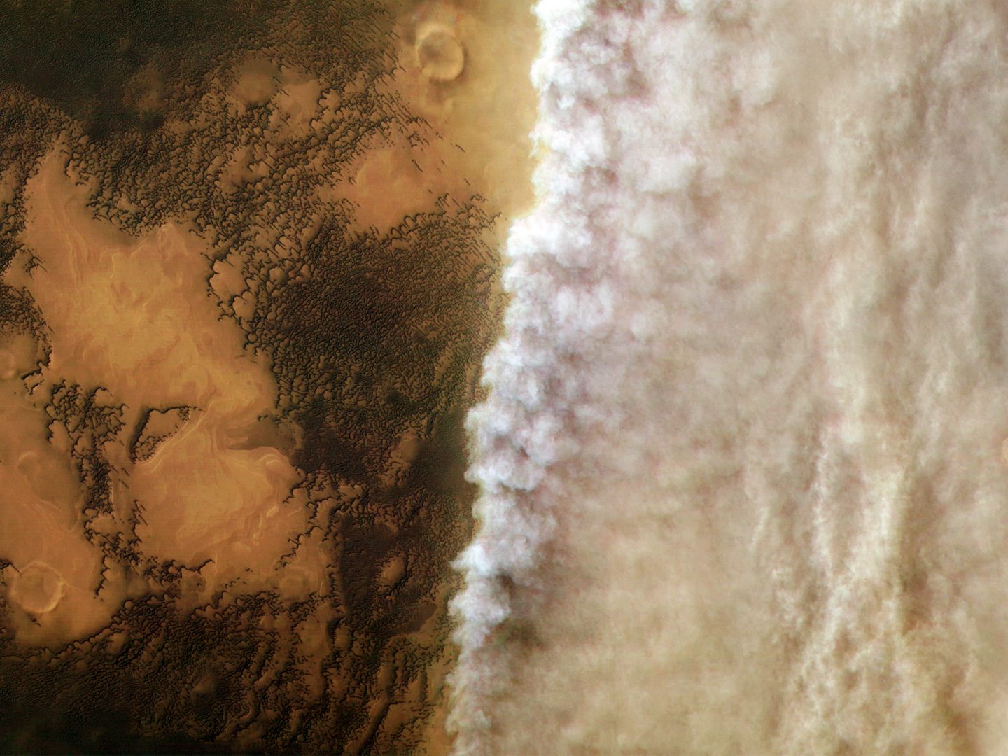 A dust storm sweeps across the Martian arctic.
