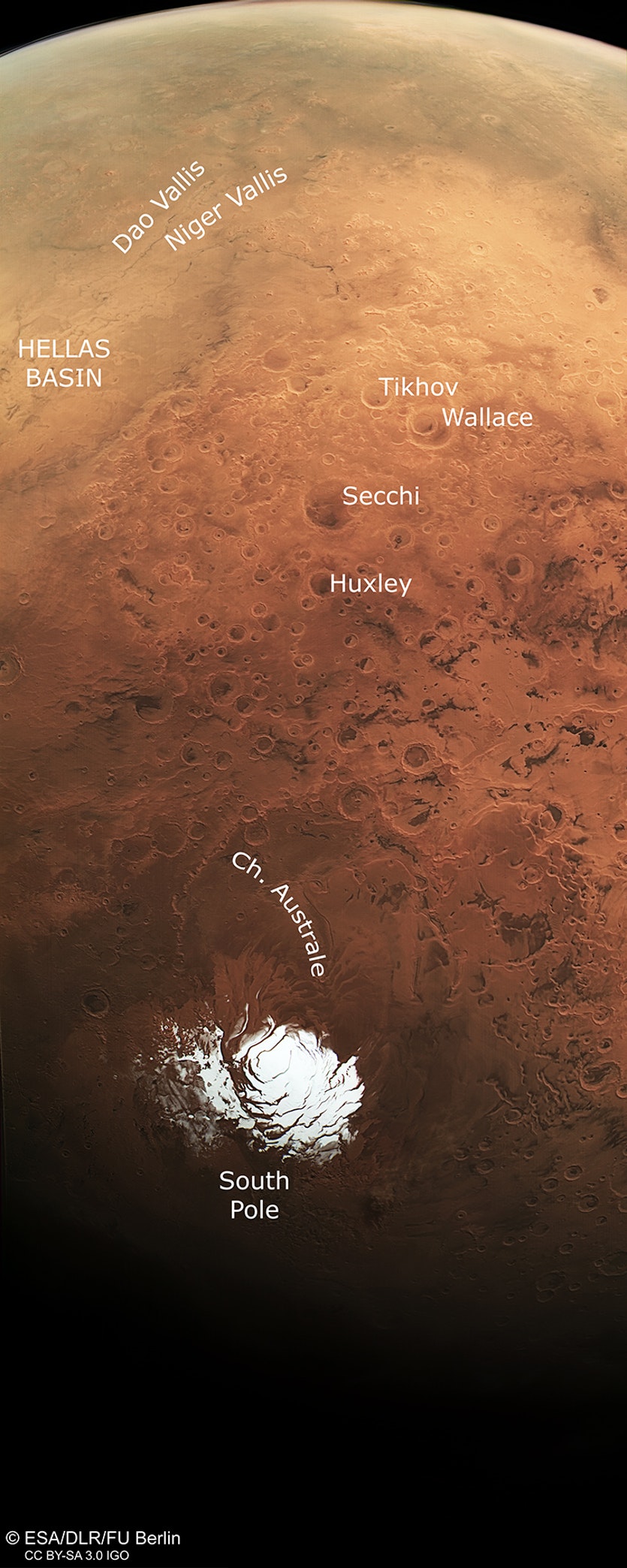 Mars south pole and beyond labeled