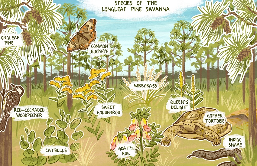 Butterfly milkweed (Asclepias tuberosa) and thousands of other species of plants and insects are associated with longleaf pine savanna.