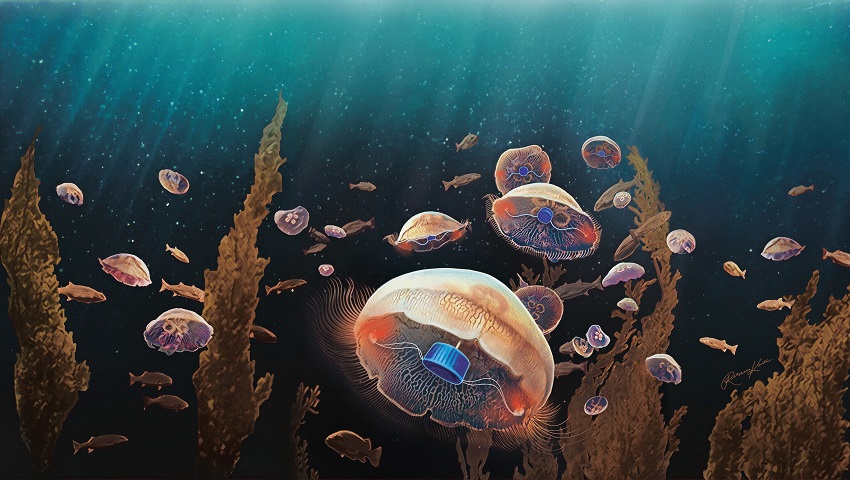 An artist’s rendering of jellyfish fitted with an implant designed by Xu and Dabiri.
