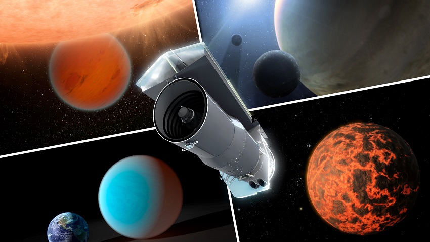 An artist's concept of Spitzer surrounded by examples of exoplanets it has examined.