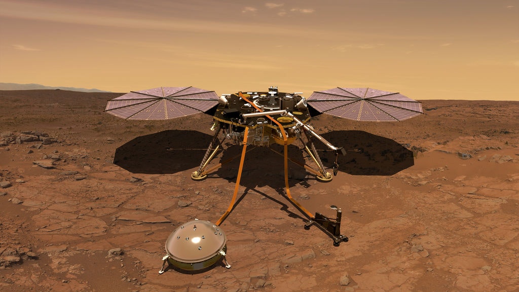 An artist's impression of the NASA InSight lander on the surface of Mars.