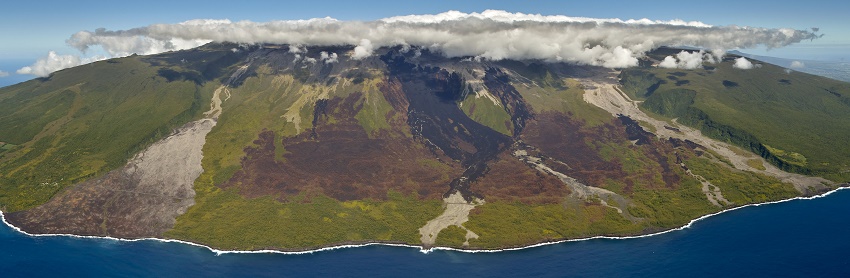 Aerial photo of the lowland caldera on Réunion Island shows a mosaic of vegetation established on lava flows of very different ages.