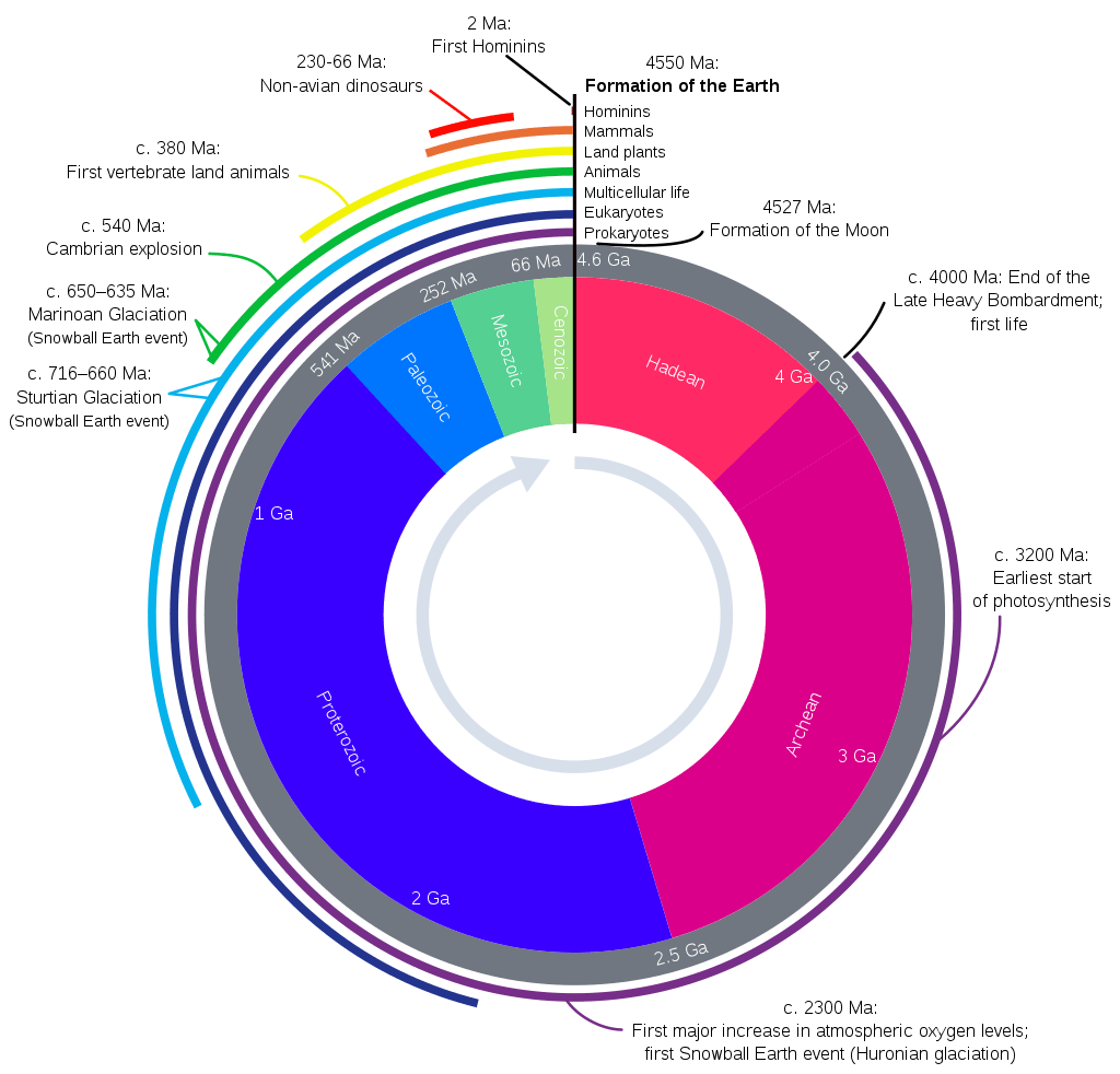Geologic time represented in a diagram called a geological clock, showing the relative lengths of the eons of earth's history and noting major events.