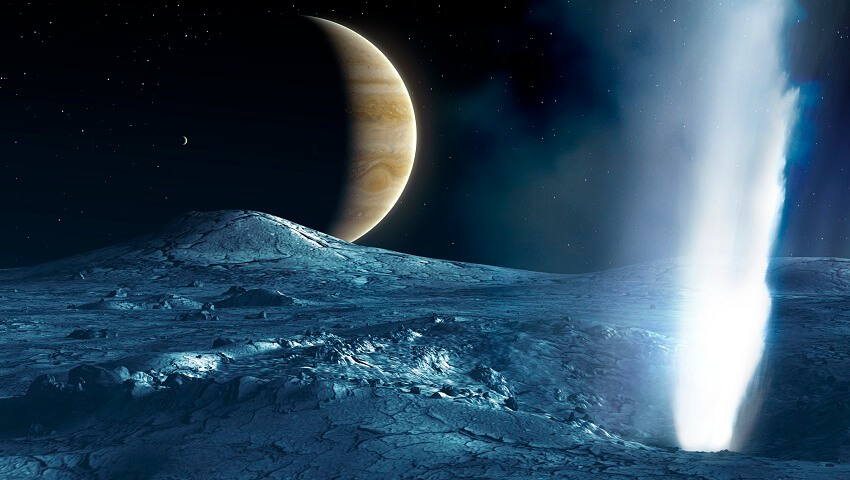 Geyser erupting on surface of Europa with Jupitar in background