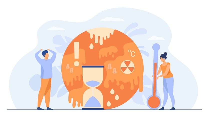 Tiny people near planet with melting poles isolated flat vector illustration. Danger of temperature rising and greenhouse effect anomaly. Climate change and hot weather concept