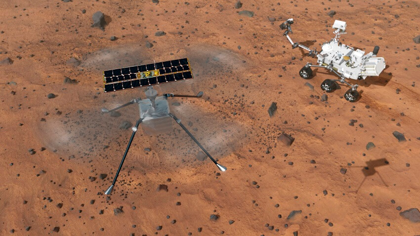Artwork of NASA's Mars 2020 mission. The mission consists of a 3-metre-long rover called Perseverance, and a smaller 'rotorcraft' called Ingenuity.