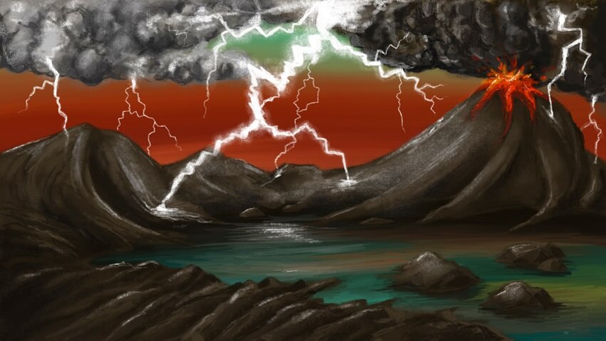 Artists rendition of lightning strikes that could create life