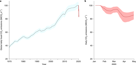 Chart showing global carbon emissions continued to rise pre-covid, but the pandemic saw a dramatic drop
