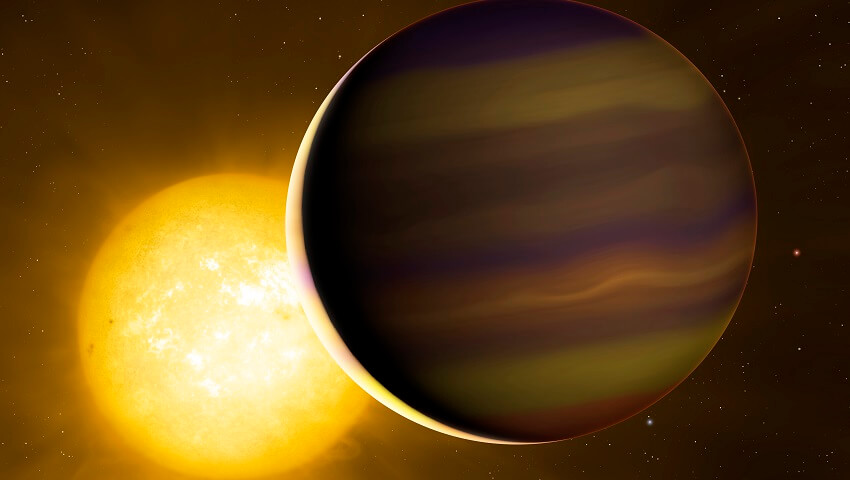 Exoplanet HD 209458b transits its star. The illuminated crescent and its colours have been exaggerated to illustrate the light spectra that the astronomers used to identify the six molecules in its atmosphere.
