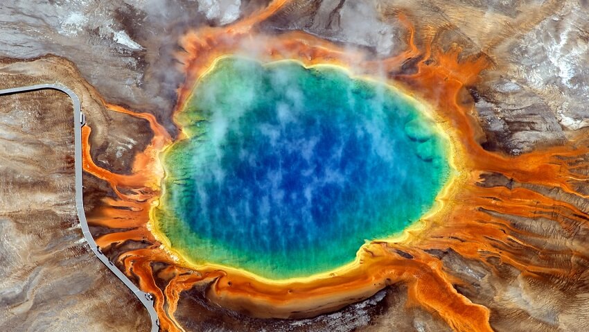An aerial photo showing the Grand Prismatic Spring in Yellowstone National Park