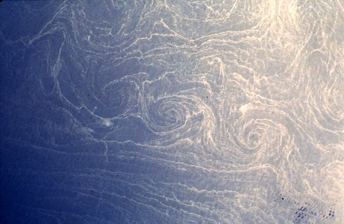 A 1984 nasa photo of spiral ocean eddies in the mediterranean sea.