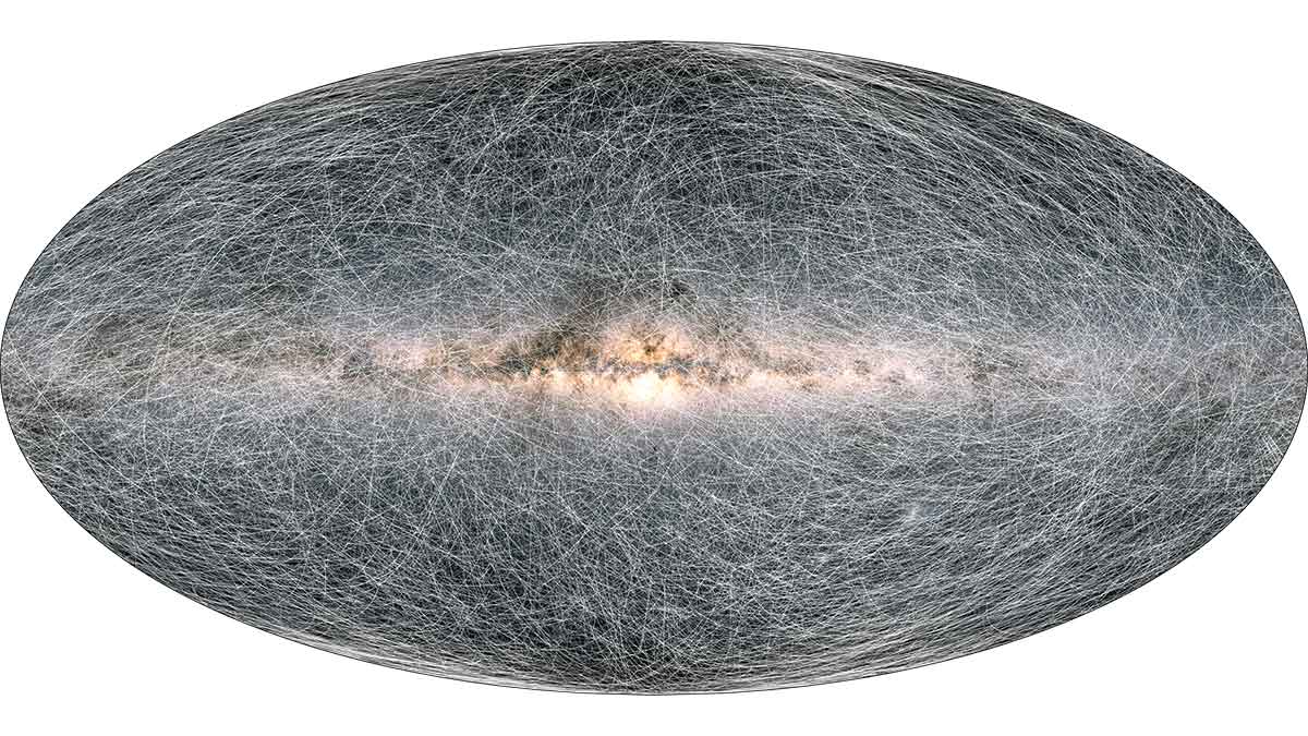 The stars are in constant motion. To the human eye this movement, known as proper motion, is imperceptible – but gaia is measuring it with more and more precision. The trails on this image show how 40,000 stars, all located within 100 parsecs (326 light-years) of the solar system, will move across the sky in the next 400,000 years. Credit: esa / gaia / dpac
