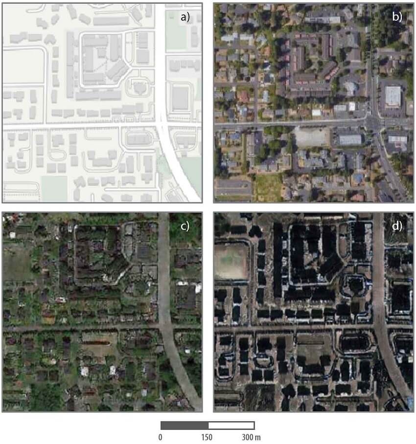 Fake satellite images of a neighborhood in tacoma with landscape features of other cities. (a) the original cartodb basemap tile; (b) the corresponding satellite image tile. The fake satellite image in the visual patterns of (c) seattle and (d) beijing
