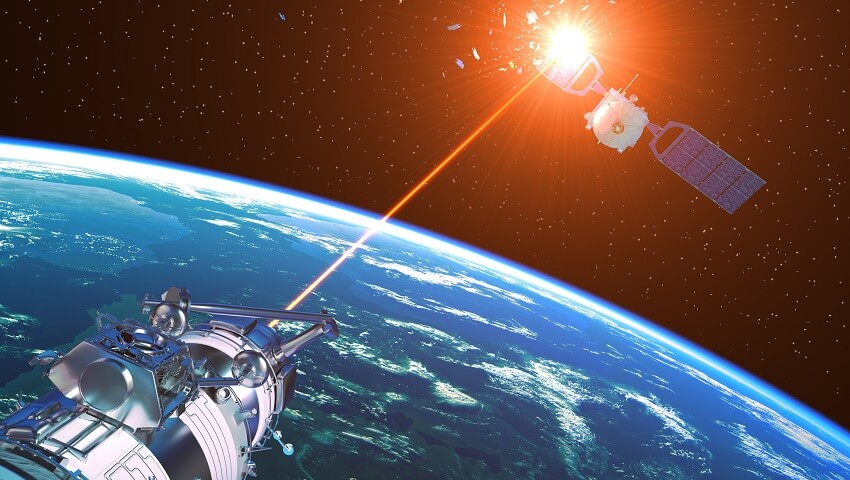 Laser Cannon Incapacitates Enemy Satellite. 3D Illustration.