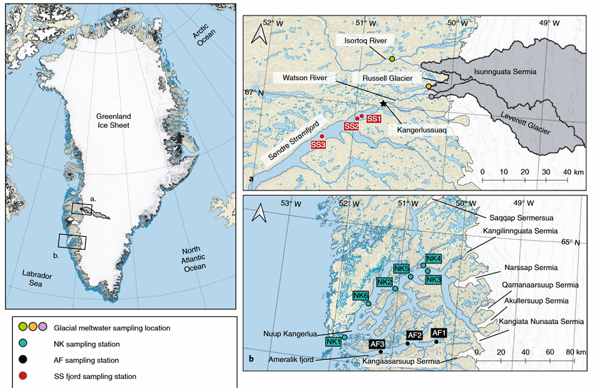 Map of the sampling stations in southwestern greenland, where researchers tested mercury concentrations in glacial meltwater.