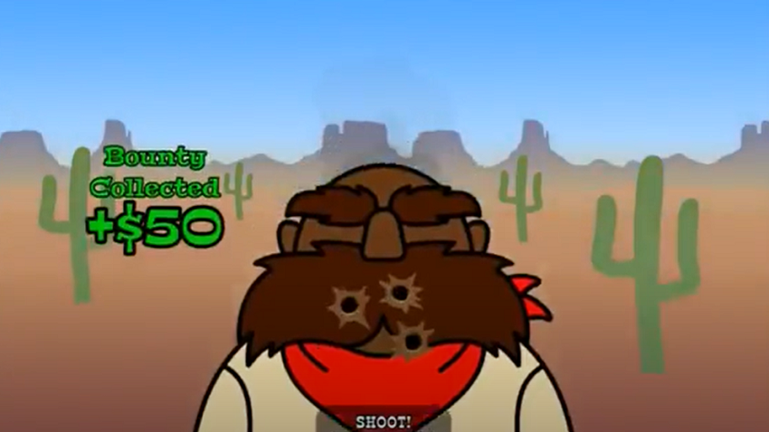 A cartoon person with a large beard and eyebrowns in a desert. There are cacti in the back ground