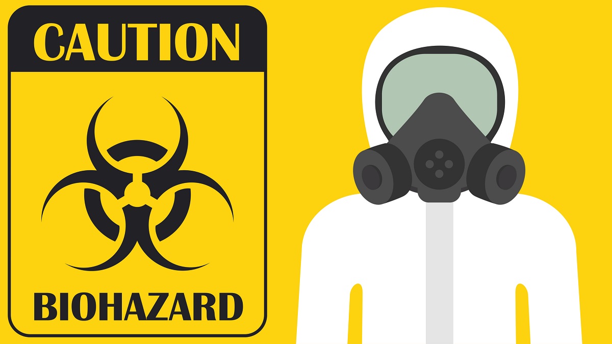 Stock image of biosecuirty sign and person in a hazmat suit