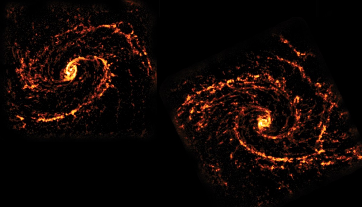 Two glaxies - they are orange with swirly spirals