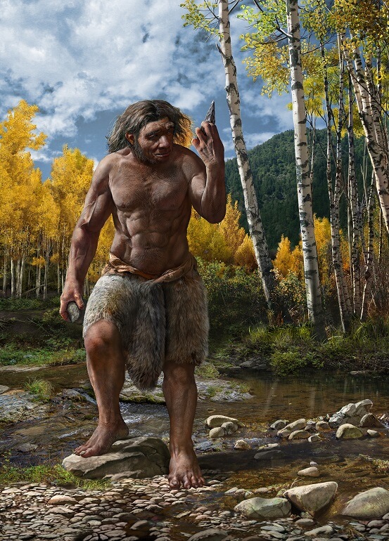 Digital reconstruction of man standing in stream in a forest. He holds a stone tool and wears a fur skirt.