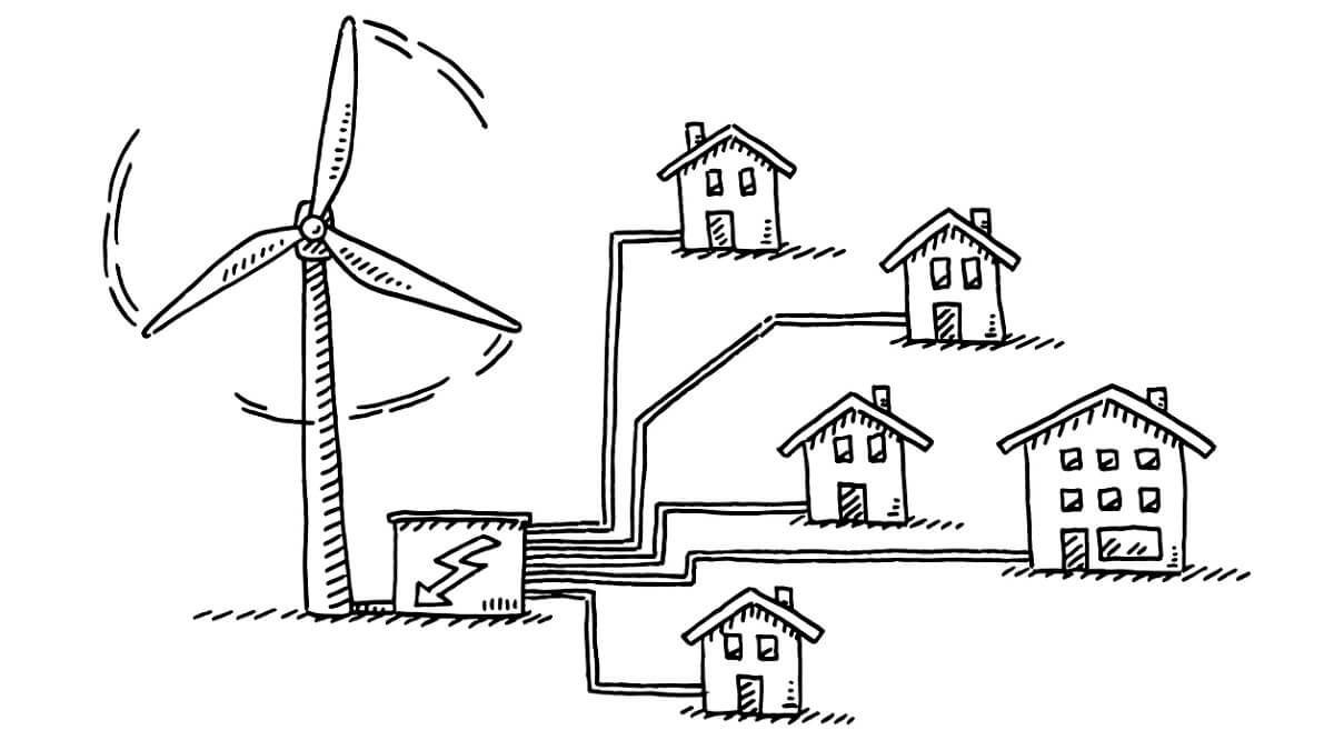 Line drawing of a wind turbine. A new AI prediction tool will help smooth grid forecasting for renewable energy generators.