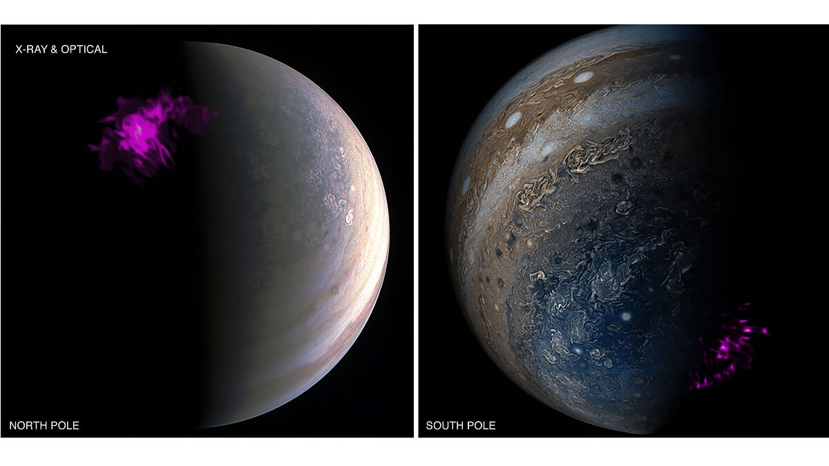 Two side-by-side images of Jupiter one showing an aurora at the south pole, the other at the north.