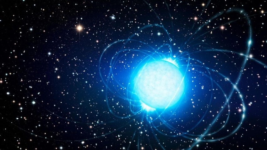 Artist's depiction of a neutron star, a bright blue ball with stars in the background.