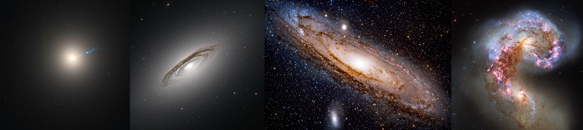 Four galaxies. One is a tiny dot, two are disks and one is a crescent