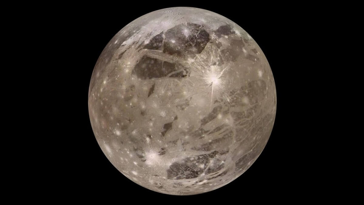 Depiction of Jupiter's moon Ganymede, a brown, cratered sphere against a black background.