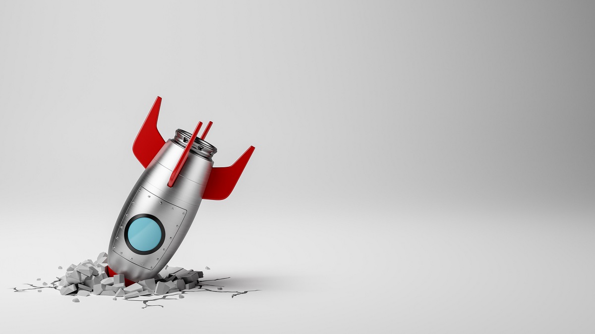Red and Metal Cartoon Spaceship Crashed on White Background 3D Illustration with Copy Space