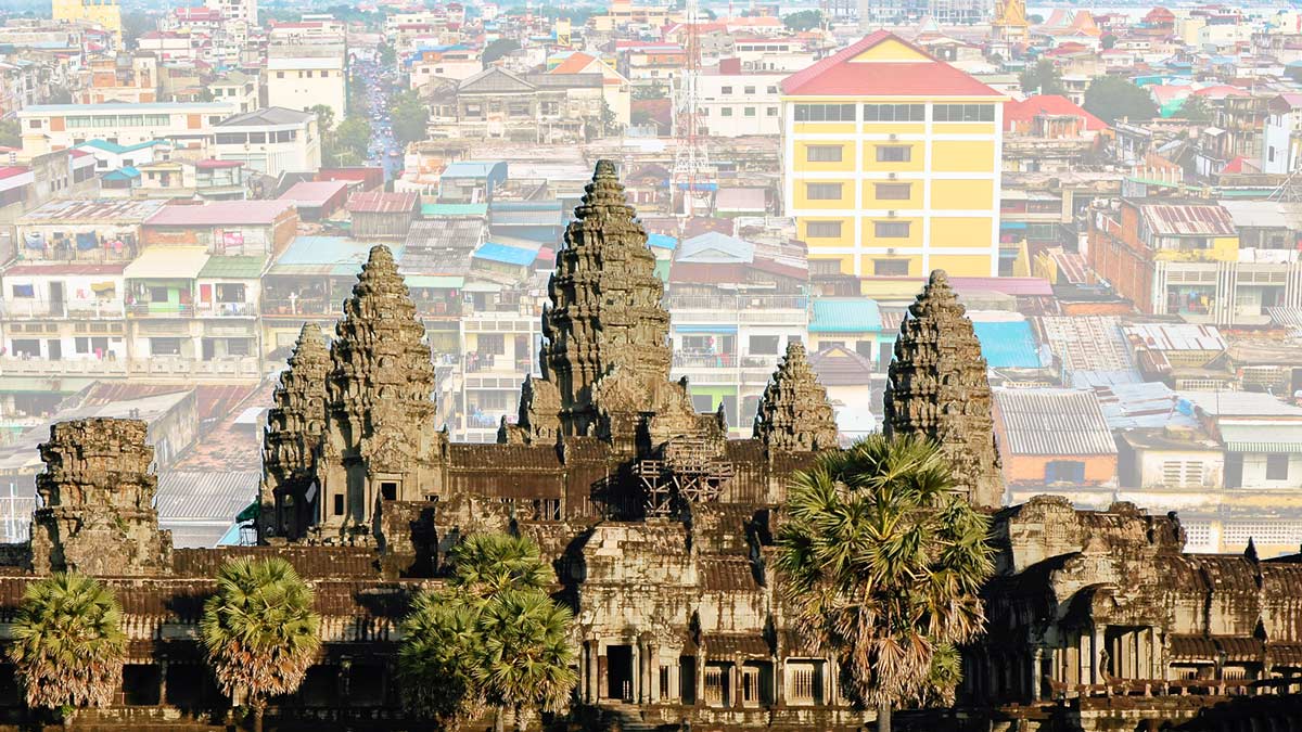 Angkor Wat imposed on top of a modern urban city, Phnom Penh