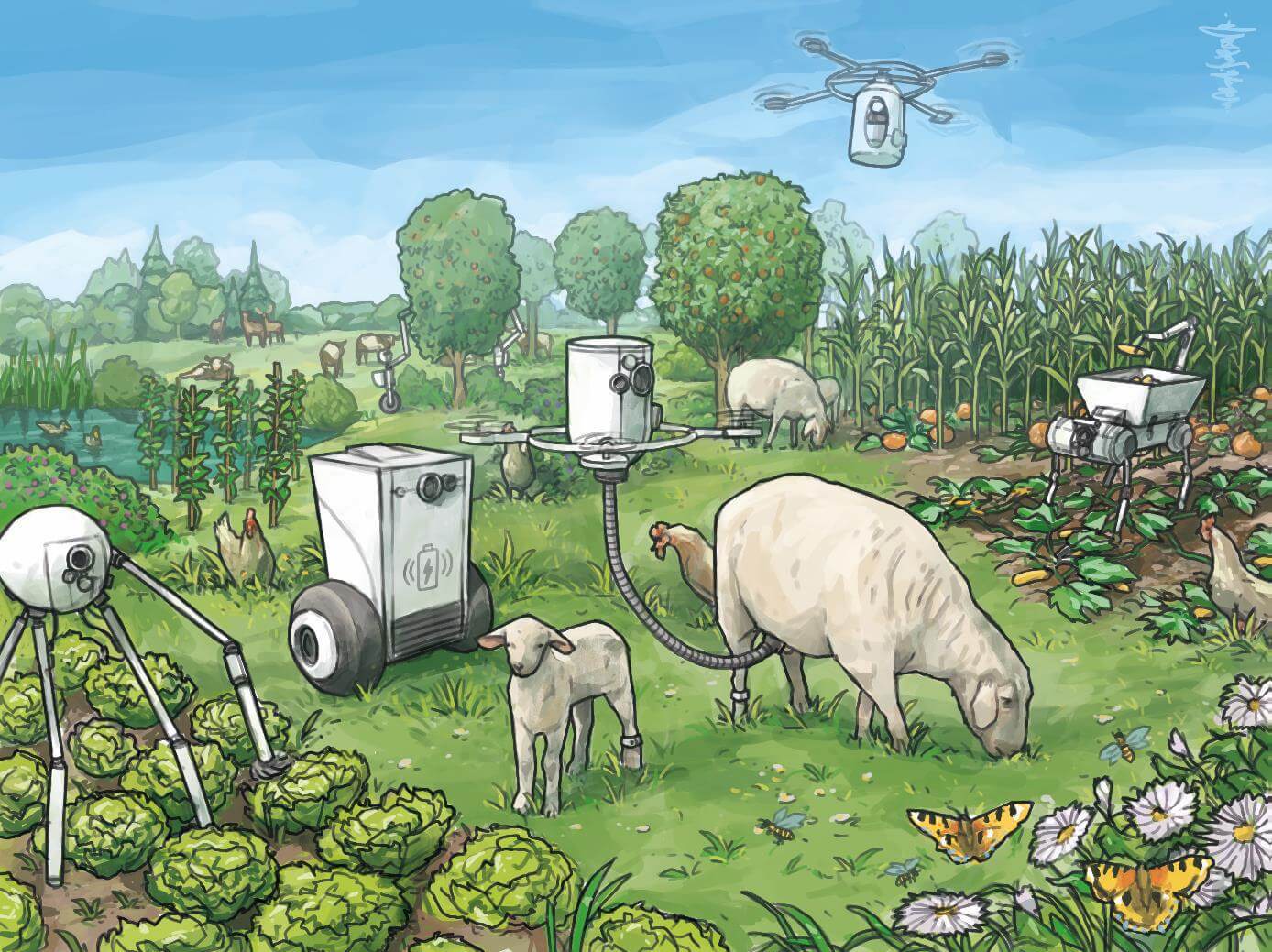 An illustralion of a green farm with blue sky. There is a mother and baby sheep. The mother is being milked by a robot. There is a robot in the garden and a drone in the sky