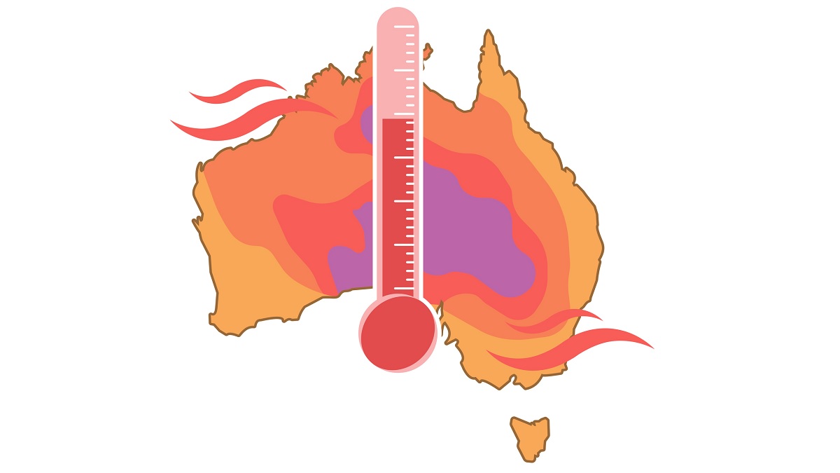 Illustration of a red and orange Australia with temperature bulb