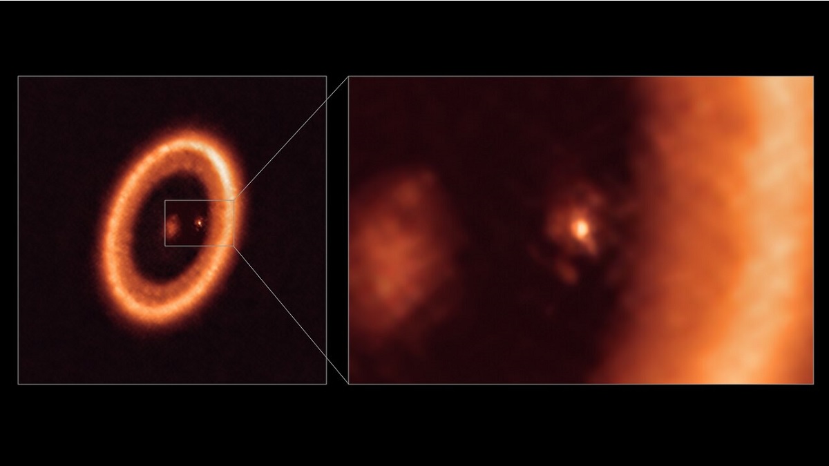 Two pixellated images: on the left is a red circumstellar ring around an infant star, and on the right is a close up showing the red dot of the planet and its own smaller disc.