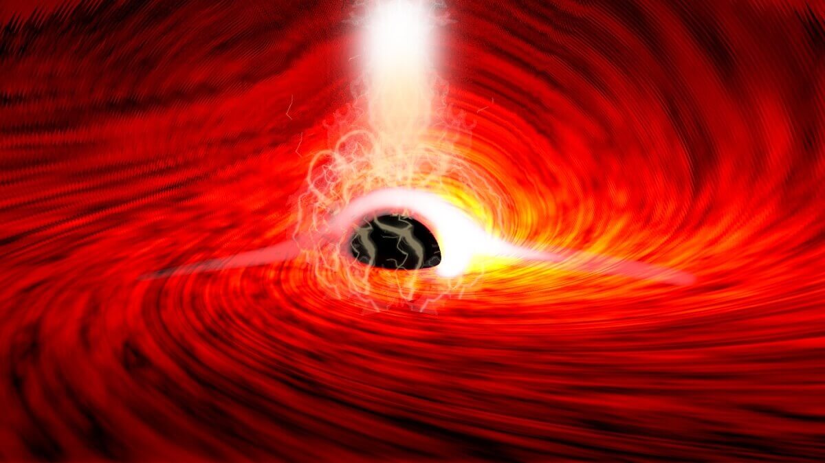 Illustration of a black hole with red background and light streaming out from a black centre.