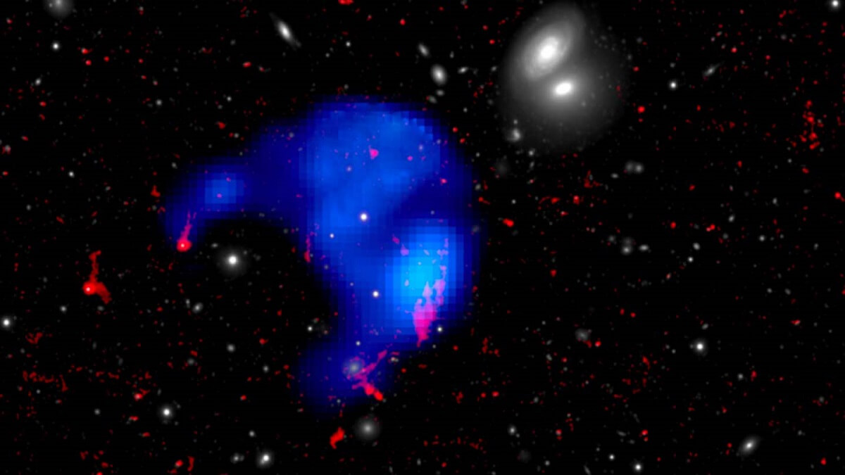A blue, umbrella-shaped image of the cloud on a dark background, surrounded by small white galaxies.