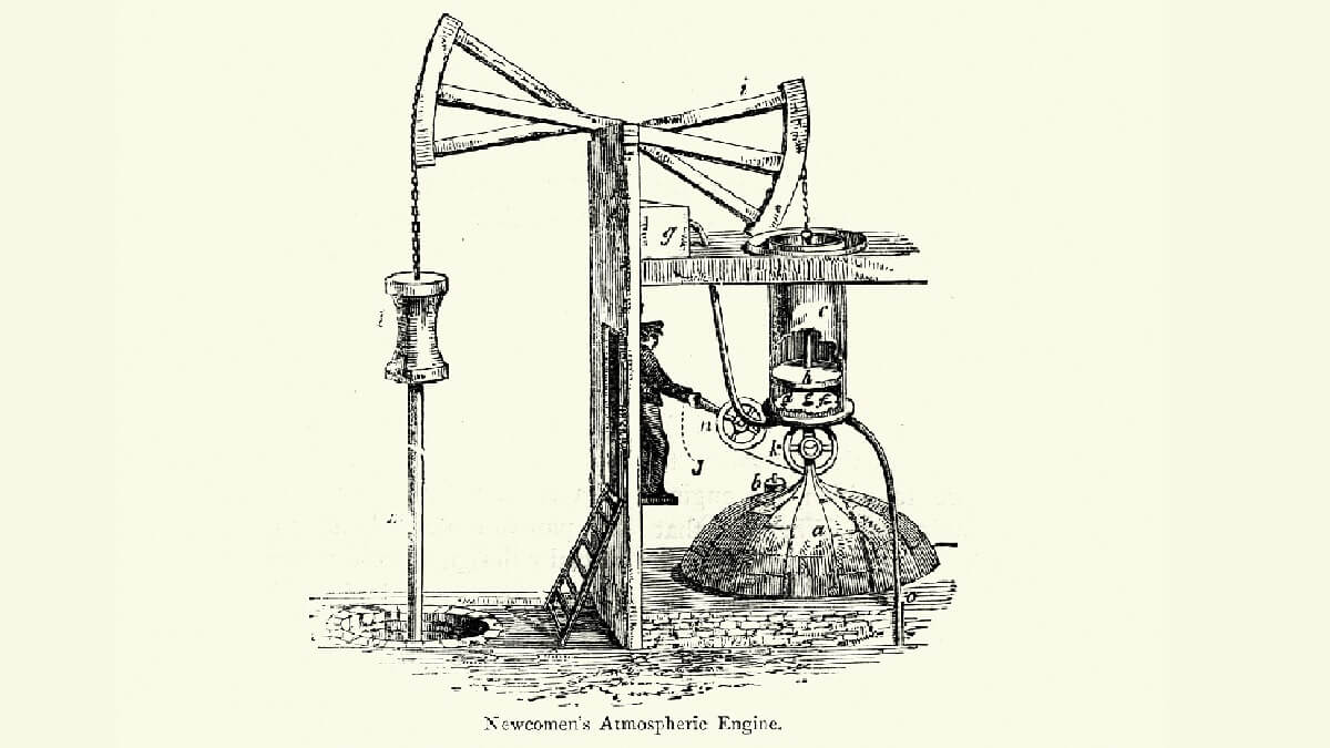 Vintage engraving of Newcomen atmospheric engine.