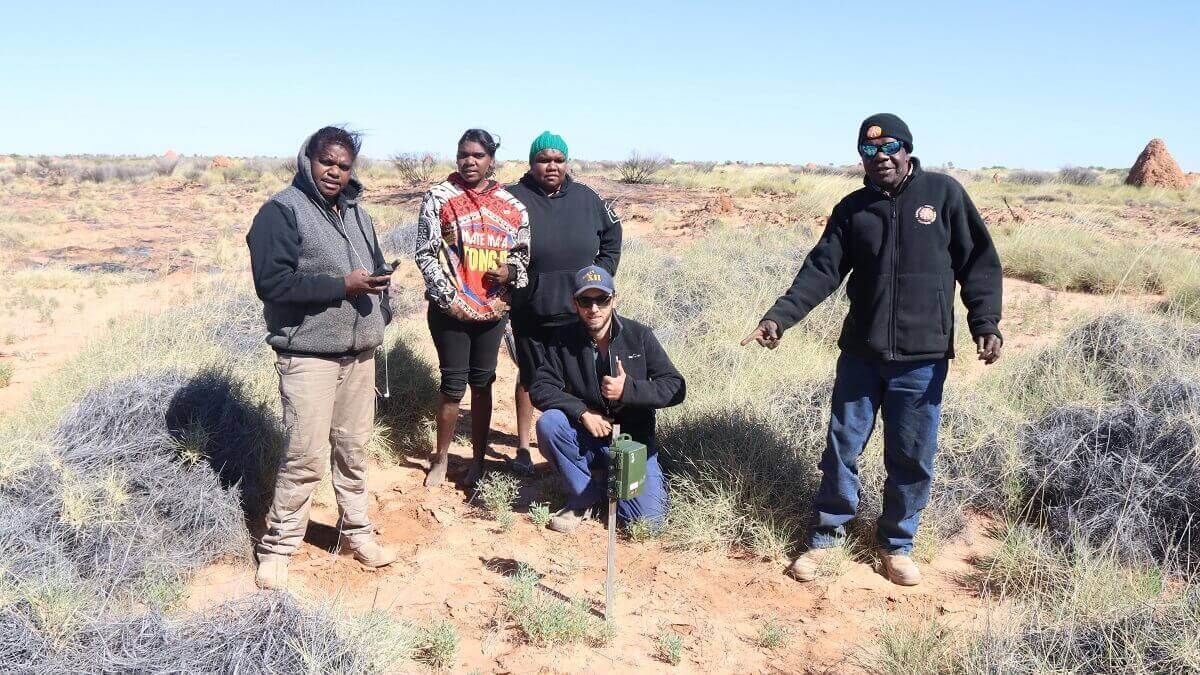Four people standing and one kneeling around an audio recorder, in a desert with spinifex