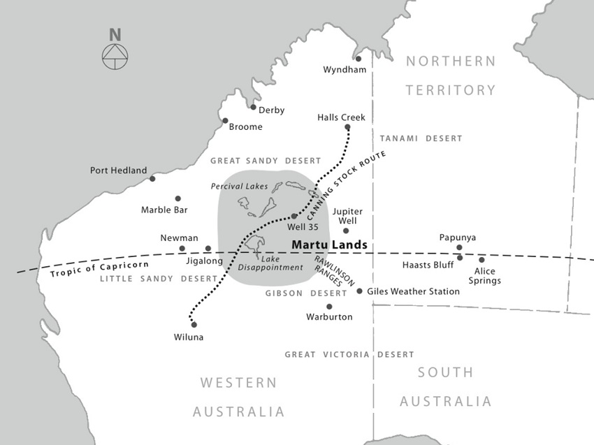 Map of western australia, with martu lands shaded in the centre, around the tropic of capricorn and with the canning stock route passing through