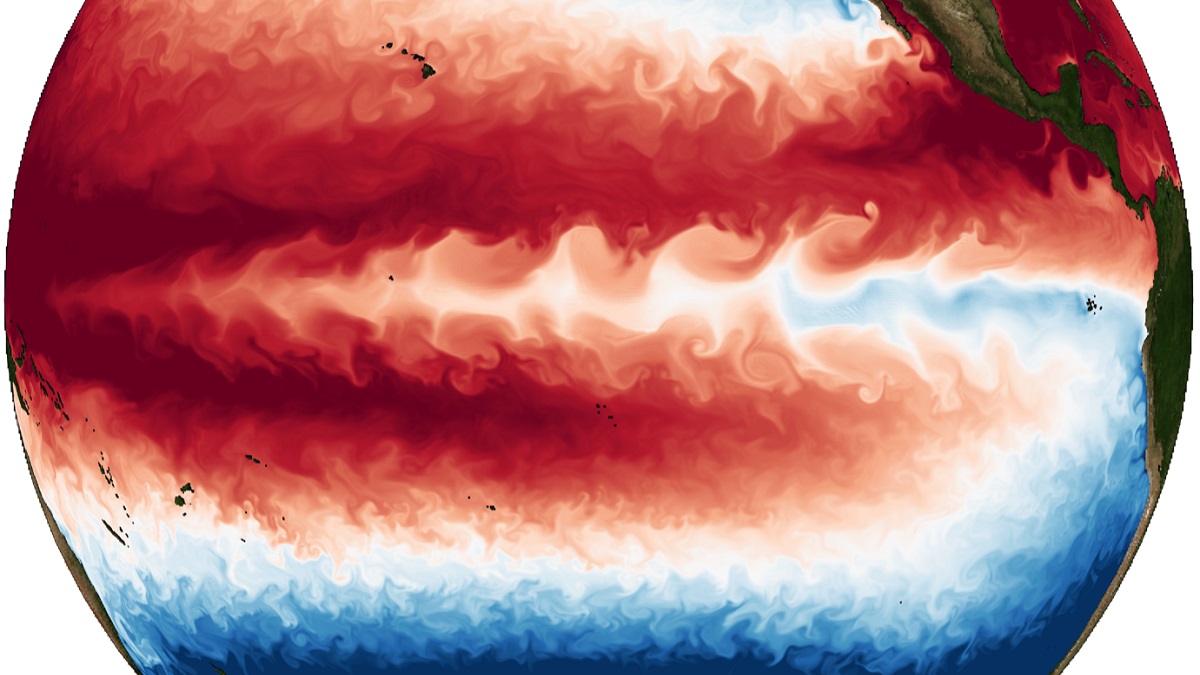 Red and blue patterns on a globe, showing ocean temperatures