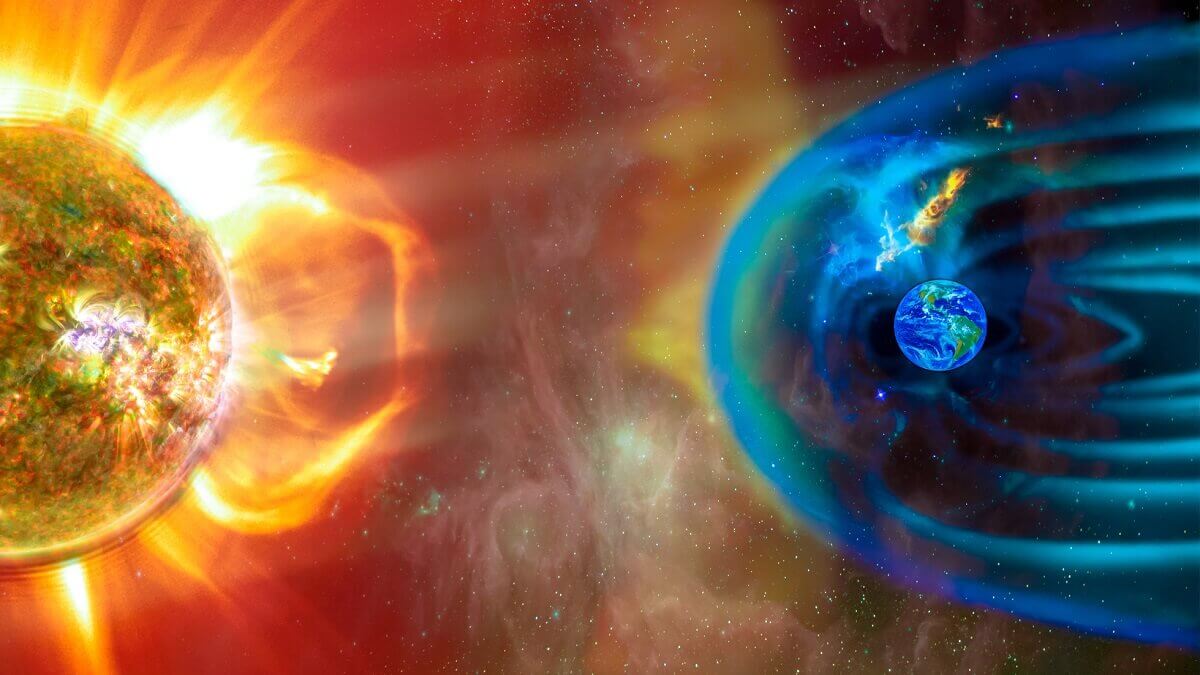 Sun on left, Earth on right, with solar particles streaming towards the Earth's protective bubble of the magnetic field