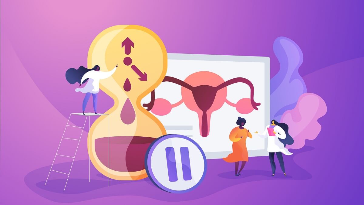 And illustration with tiny women standing next to giant hourglass, pause button, and uterus on a whiteboard