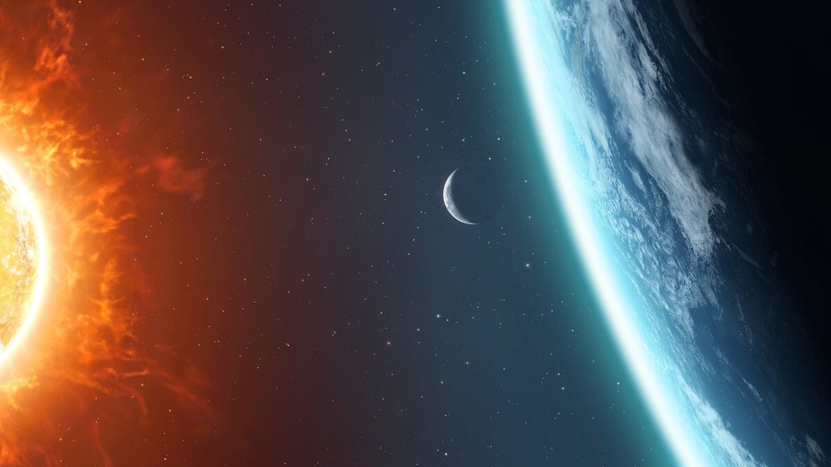 3D rendering of our home planet with the Sun on the left, Moon in the middle, and Earth on the right.