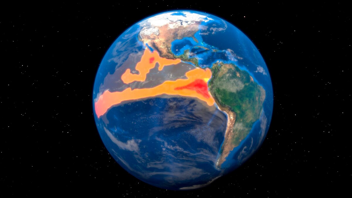 A globe showing south america. There is a large red and orange shape around the equator